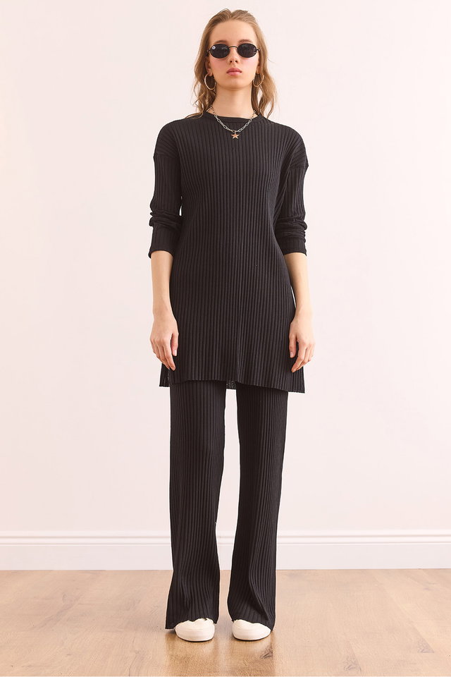 Black - Women's Stone Top Slit Blouse Bottom Palazzo Corduroy Suit TKM-19000180