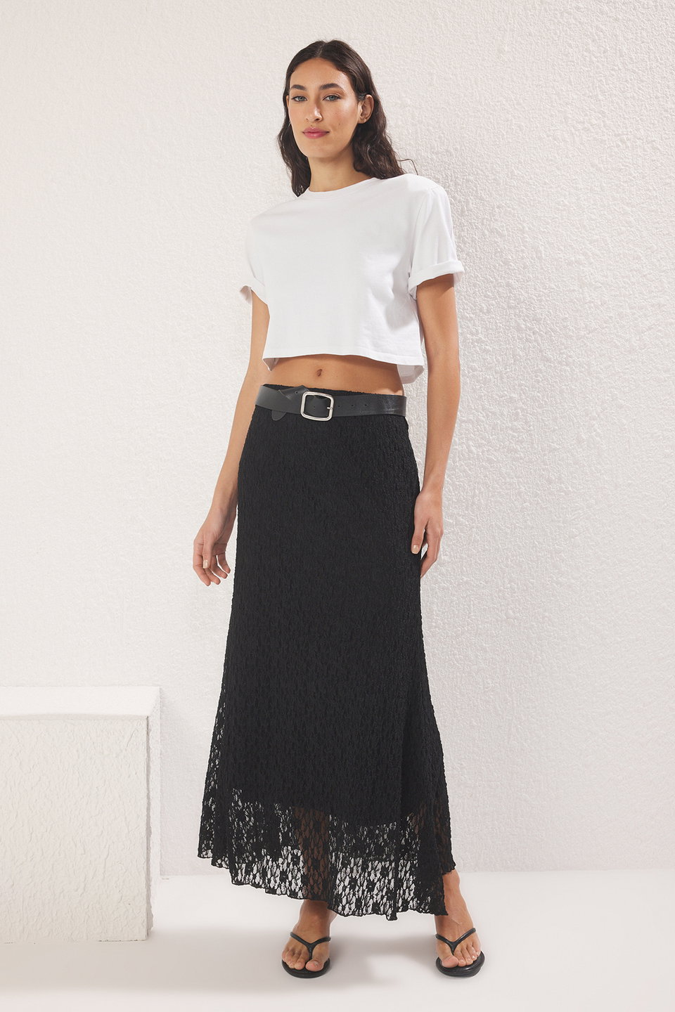 A Line Lined Lace Maxi Stretch Knit Skirt TWOSS25ET00149