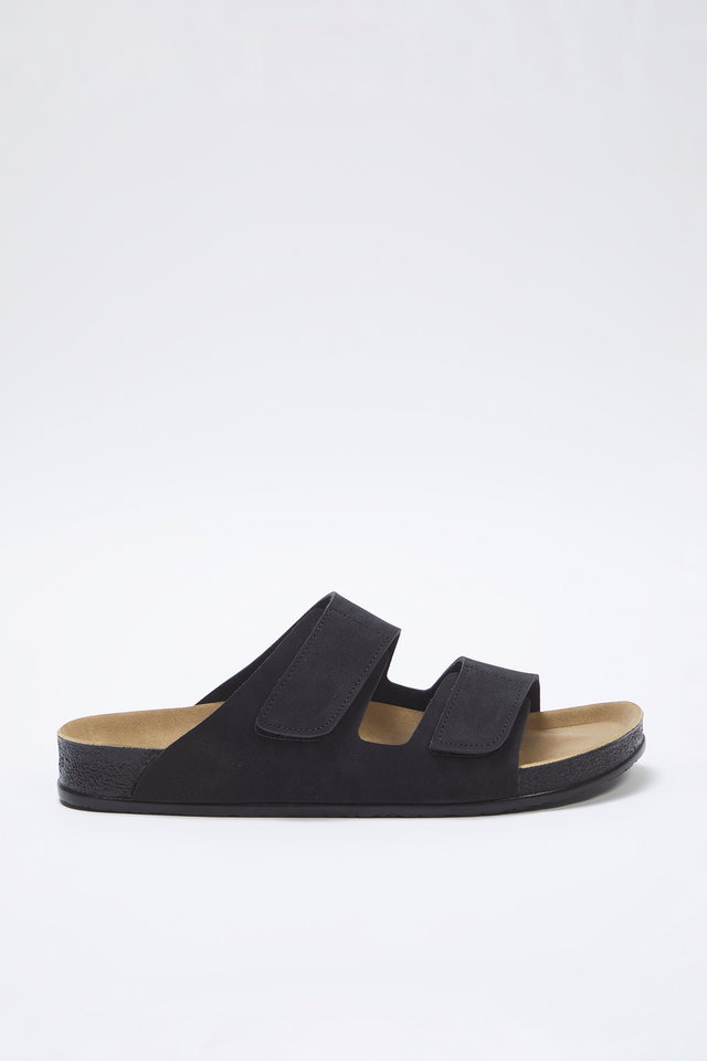 Black - Mink Nubuck Velcro Men's Flat Sole Slippers TAKSS25TE00034