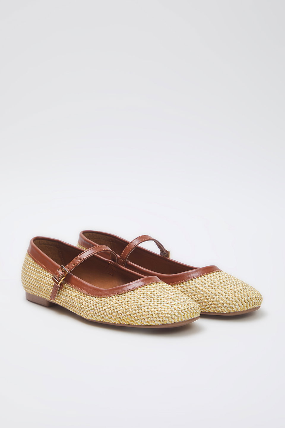 Knitted Patterned Straw Square Toe Mary Jane Women's Ballerinas TAKSS25BE00045