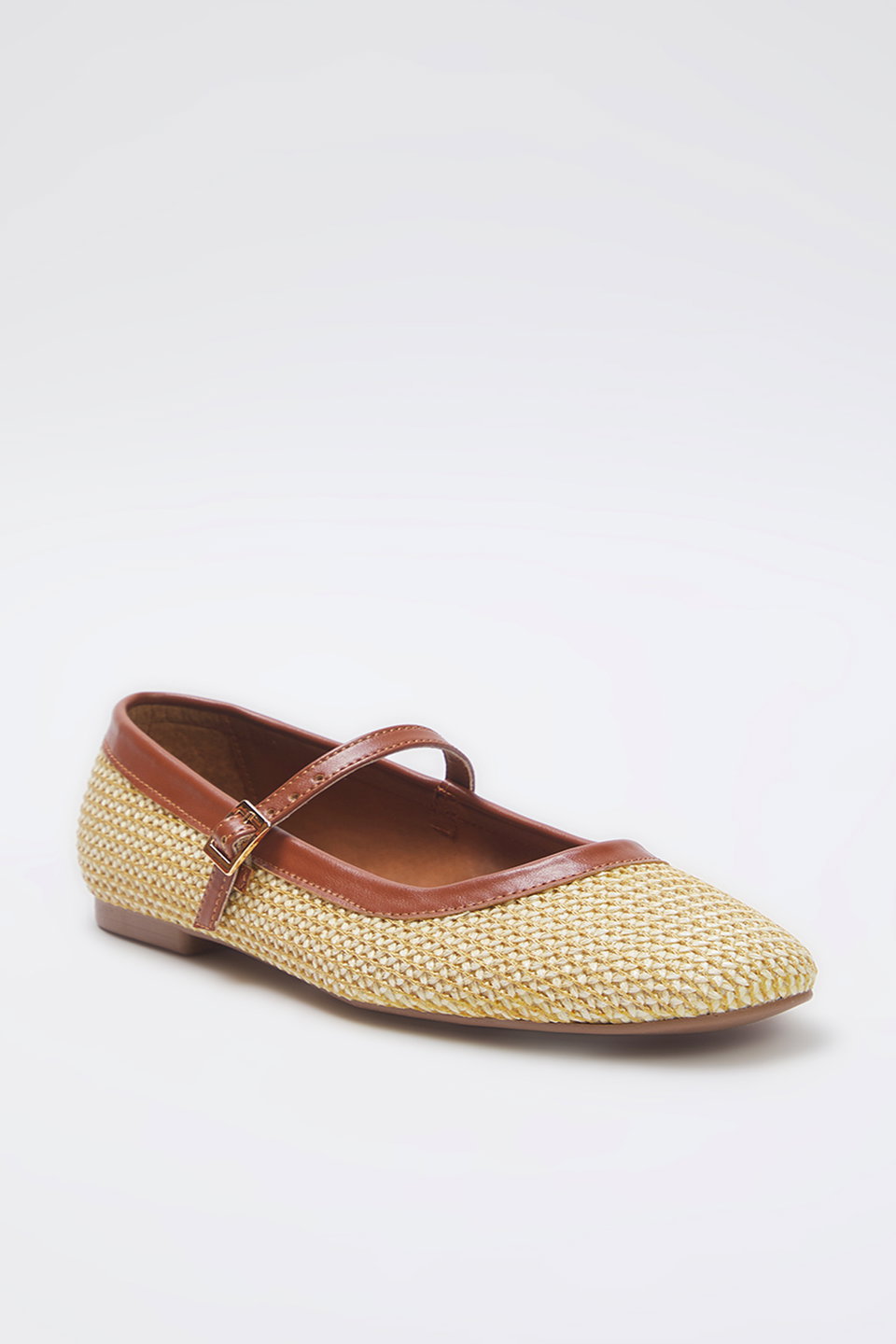 Knitted Patterned Straw Square Toe Mary Jane Women's Ballerinas TAKSS25BE00045