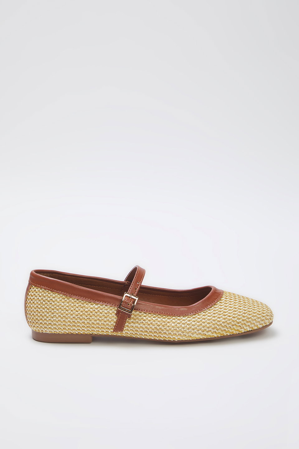 Knitted Patterned Straw Square Toe Mary Jane Women's Ballerinas TAKSS25BE00045
