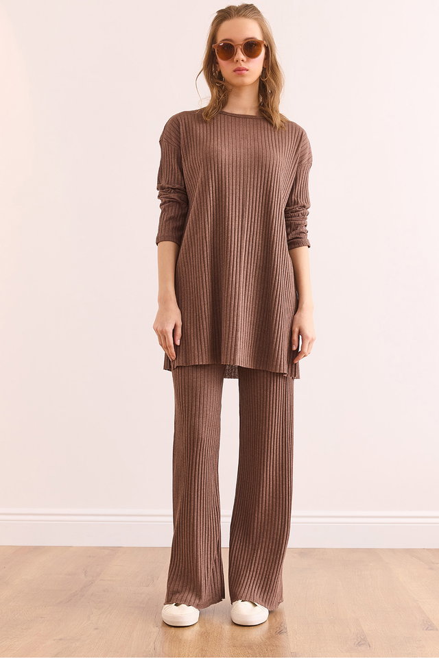 Mink - Women's Stone Top Slit Blouse Bottom Palazzo Corduroy Suit TKM-19000180