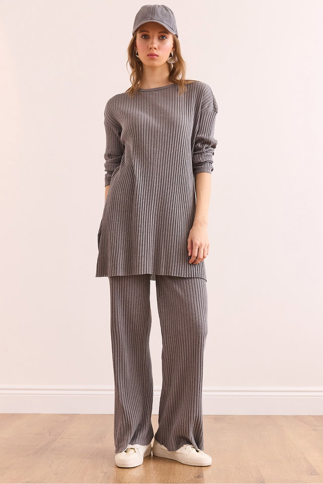 Anthracite - Women's Stone Top Slit Blouse Bottom Palazzo Corduroy Suit TKM-19000180