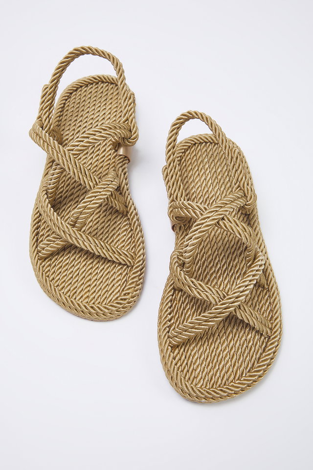 Beige - Camel Cross Strap Rope String Women's Straw Sandals TAKSS25SD00056