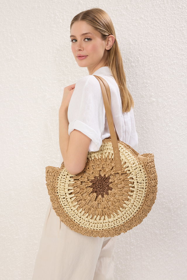camel - Multicolored Color Block Handmade Straw Women's Medium Round Shoulder Bag TAKSS25OC00054