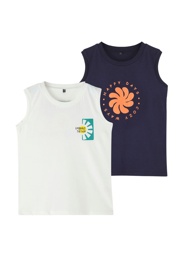 Navy Blue-Ecru - Navy Blue-Ecru 2-Pack Boy 100% Cotton Slogan Printed Knitted Undershirt TKDSS25AL00007