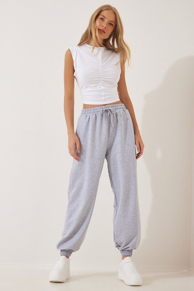 Gray melange - Women's White Wide Jogging Sweatpants AP00158