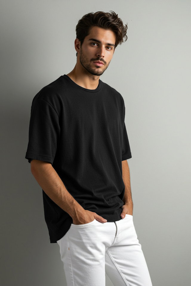 Black - Black Oversize/Wide Cut Basic 100% Cotton T-Shirt TMNSS22TS0318