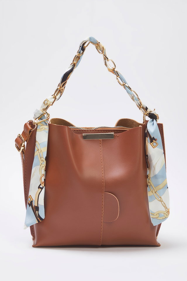 Brown - Black Chain Scarf Detailed Crossbody Shoulder Bag for Women TAKSS25OC00053