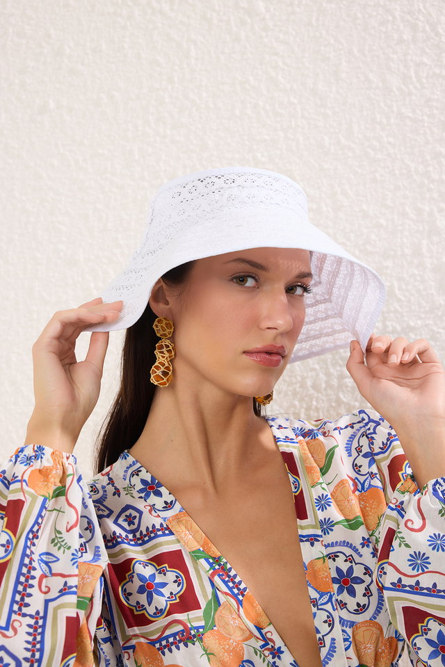 White - White Ribbon Detailed Straw Women's Beach Hat TBESS25SP00001