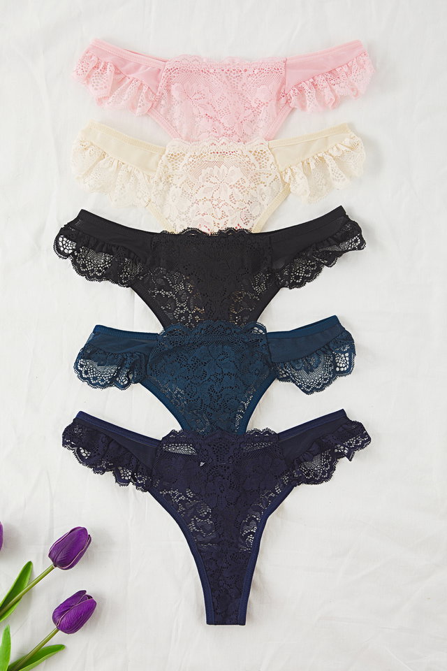 Blue-Multicolor - Multicolored 5-Pack Tulle Lace Detail Thong Knitted Panties THMSS25KU00037