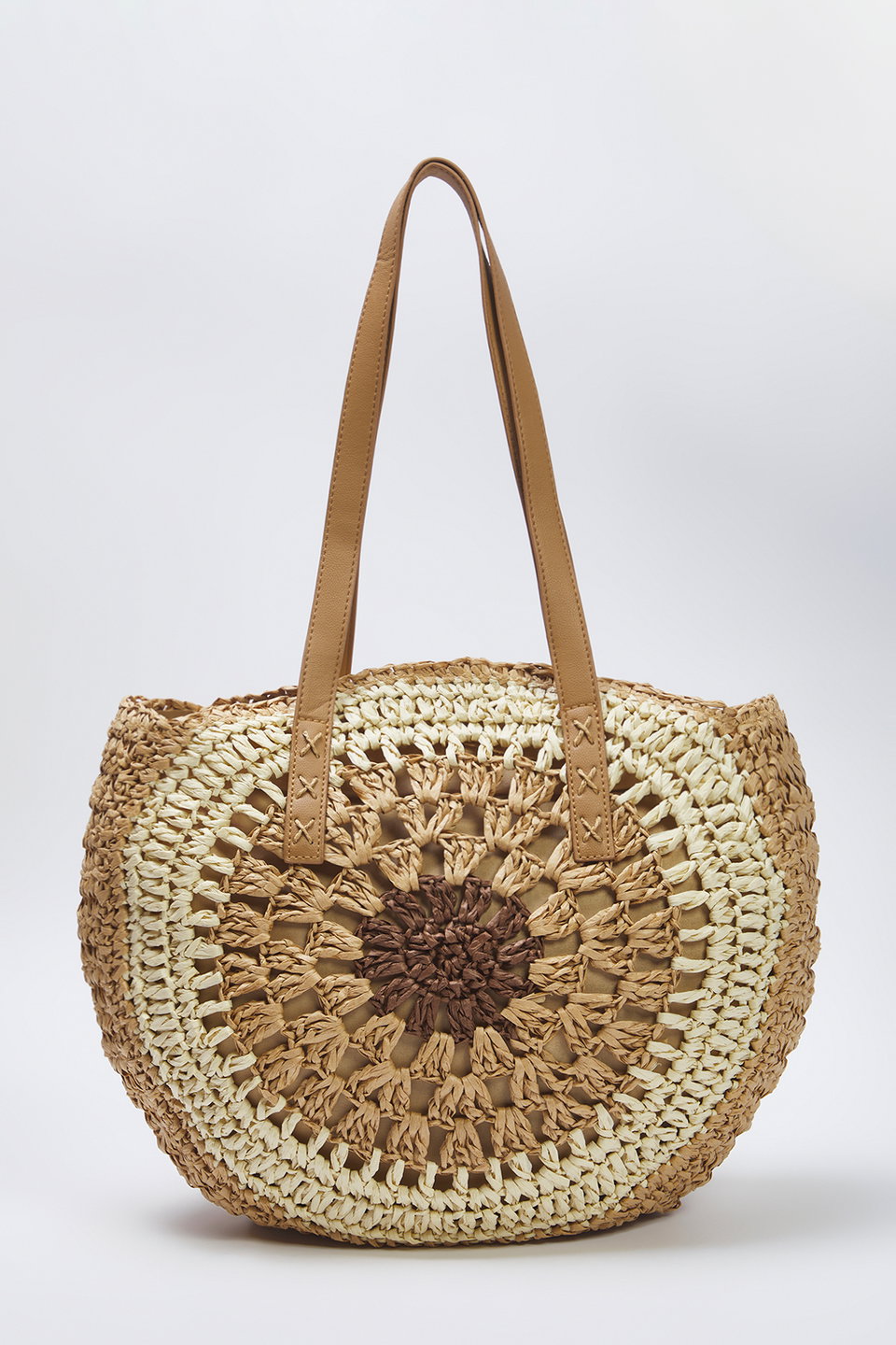 Multicolored Color Block Handmade Straw Women's Medium Round Shoulder Bag TAKSS25OC00054