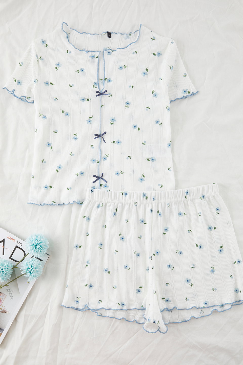 100% Cotton Floral Ribbon/Bow Knitted Pajama Set with Ribbed Shorts THMSS25PT00434