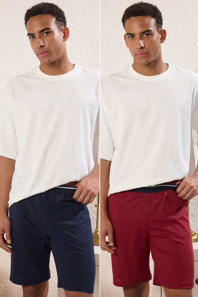 Claret Red-Navy Blue - Navy Blue- Claret Red Regular Fit 2-Pack Knitted Shorts TMNSS25SR00045