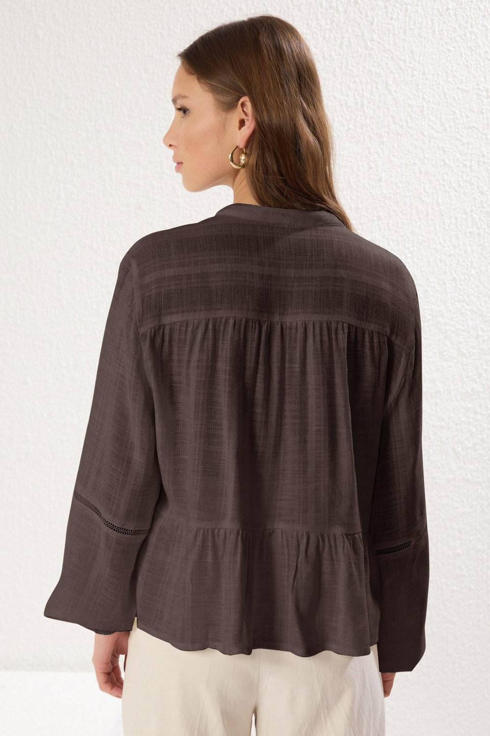 cotton textured regular fit boho woven shirt with sleeve lace detail twoss25go00038
