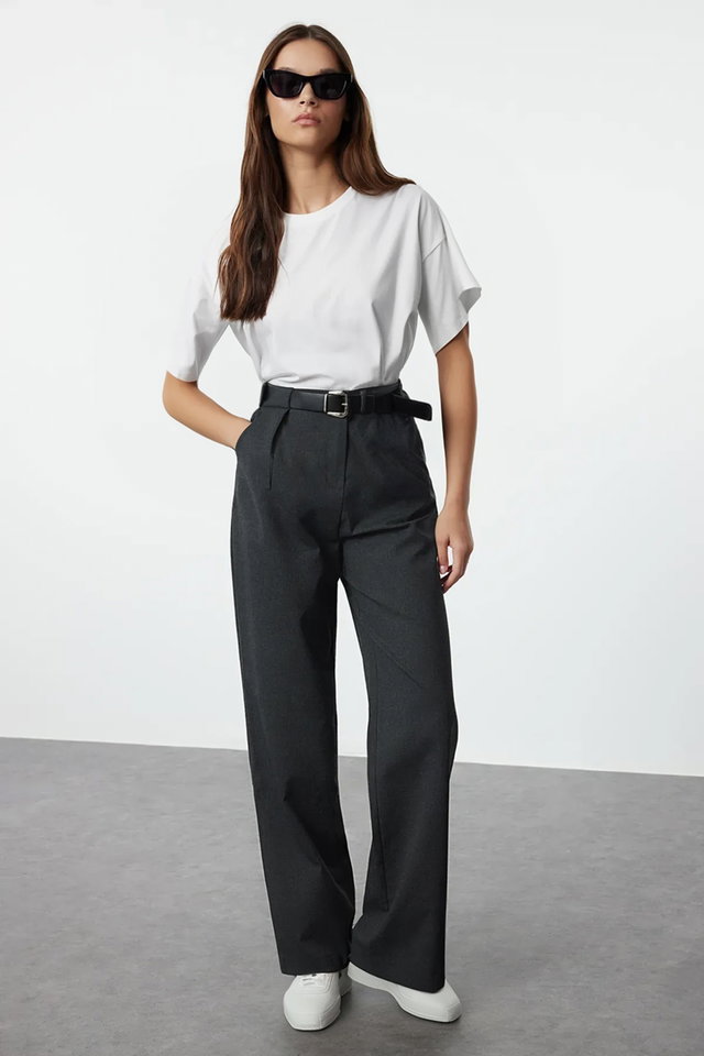 Anthracite - Beige Belted Straight Cut Trousers TWOAW25PL00046