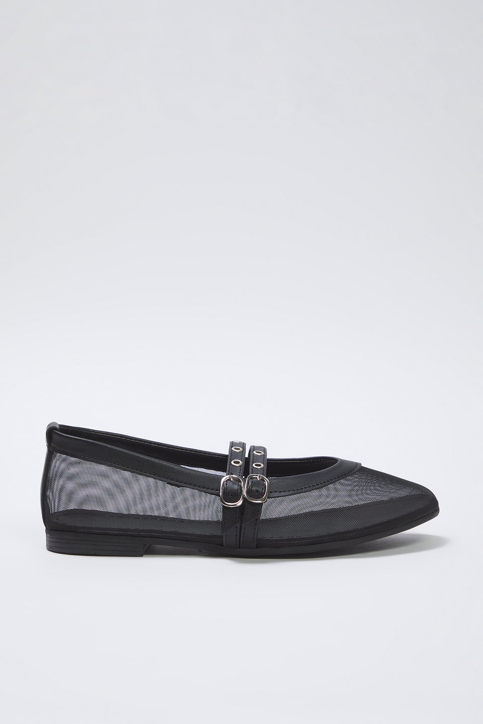 Mesh Detailed Eyelet Belt Buckle Mary Jane Women's Ballerinas TAKSS25BE00046