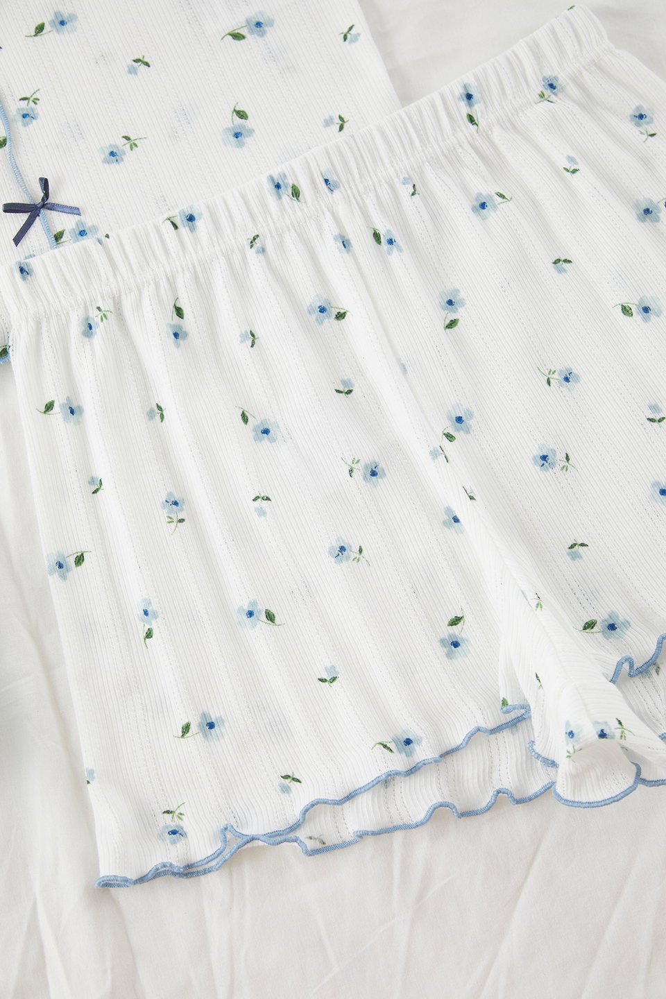 100% Cotton Floral Ribbon/Bow Knitted Pajama Set with Ribbed Shorts THMSS25PT00434