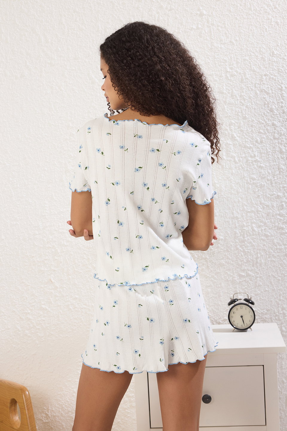 100% Cotton Floral Ribbon/Bow Knitted Pajama Set with Ribbed Shorts THMSS25PT00434