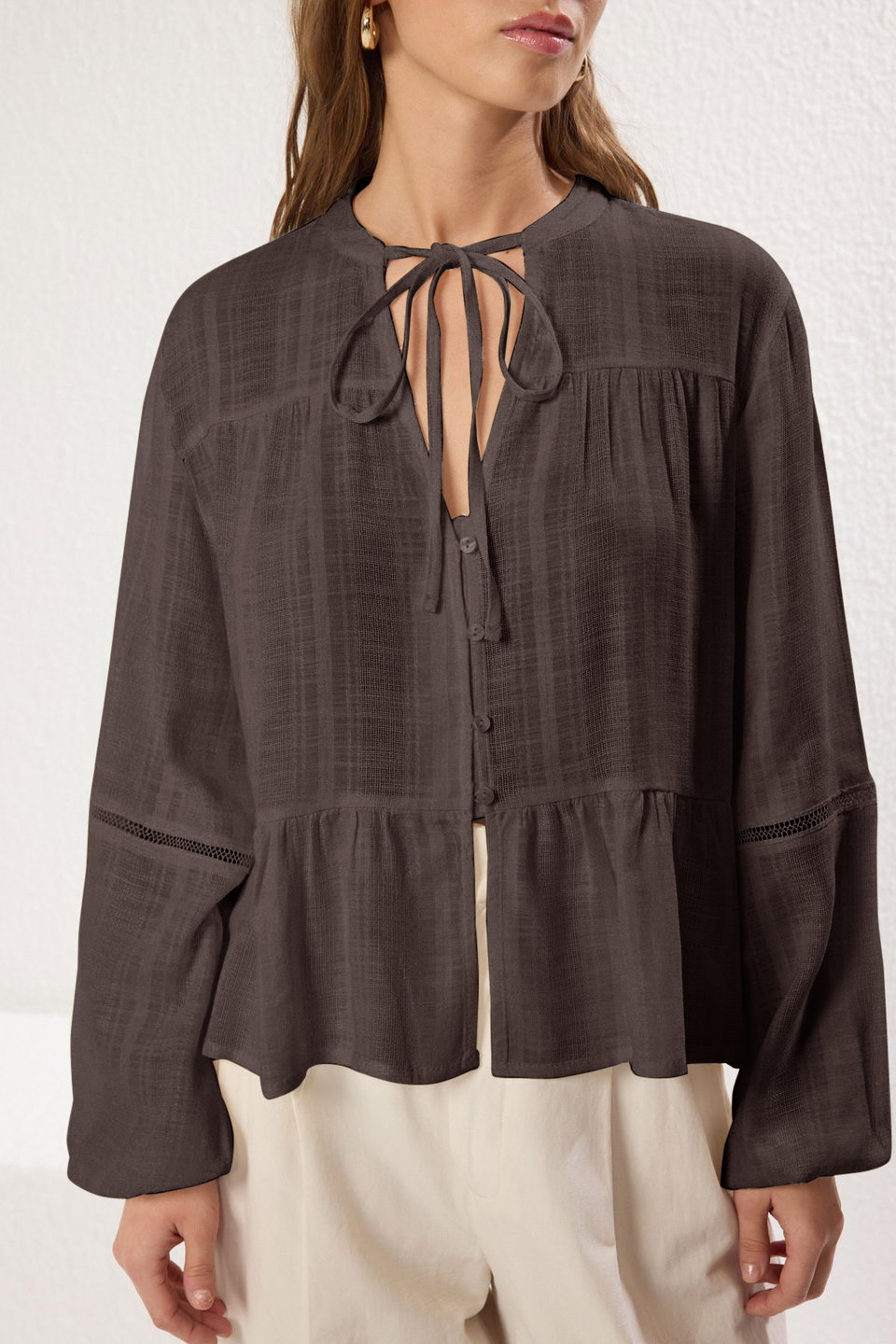 cotton textured regular fit boho woven shirt with sleeve lace detail twoss25go00038