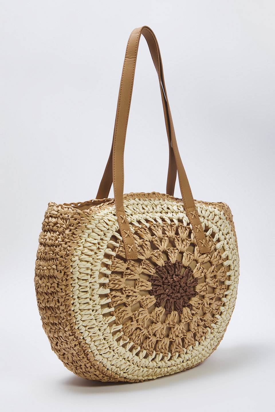 Multicolored Color Block Handmade Straw Women's Medium Round Shoulder Bag TAKSS25OC00054