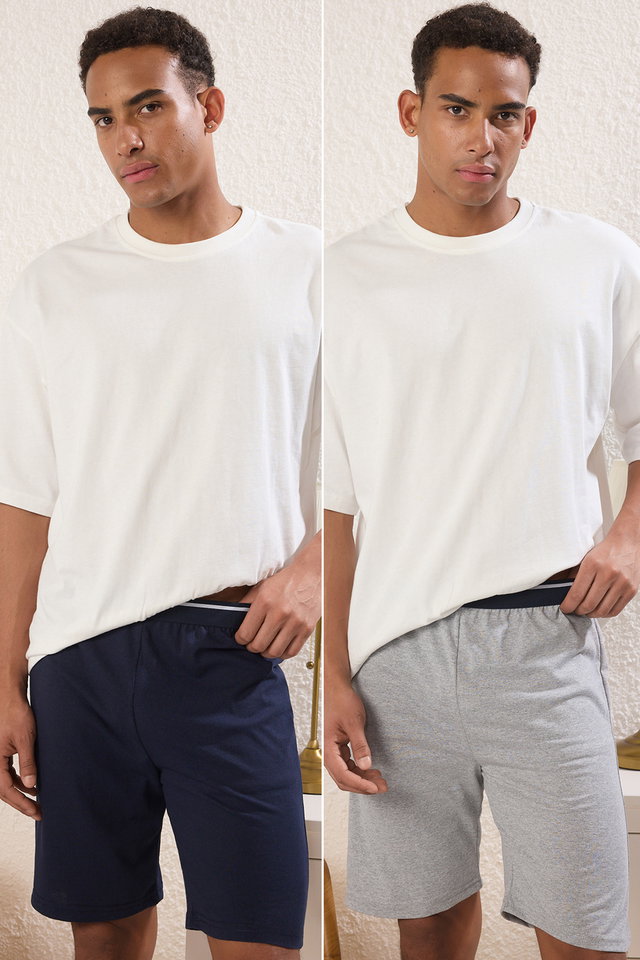 Navy Blue-Grey - Navy Blue- Claret Red Regular Fit 2-Pack Knitted Shorts TMNSS25SR00045