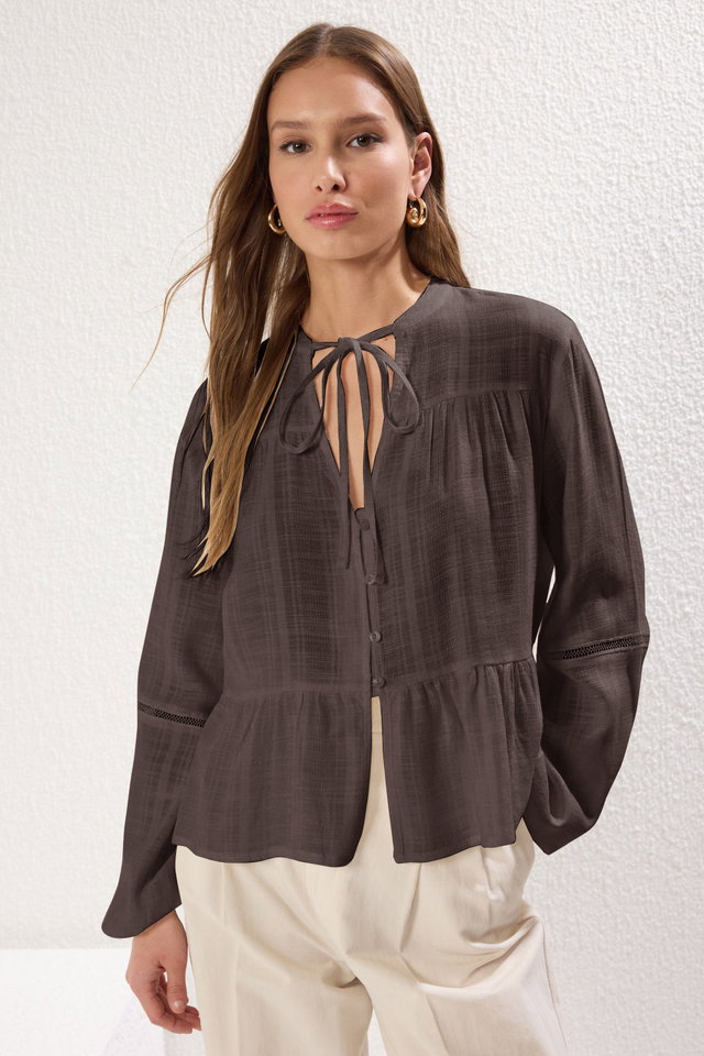 Brown - White cotton textured regular fit boho woven shirt with sleeve lace detail twoss25go00038