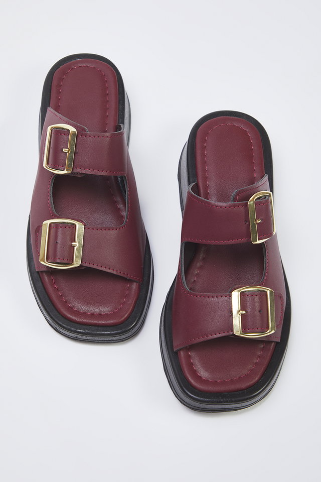 burgundy - Burgundy Double Banded Buckle Detailed Thick Sole Women's Slippers Takss25Te00044