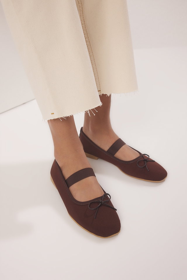 Brown - Indigo Suede Bow Square Toe Mary Jane Women's Ballet Flats Takss25Be00038