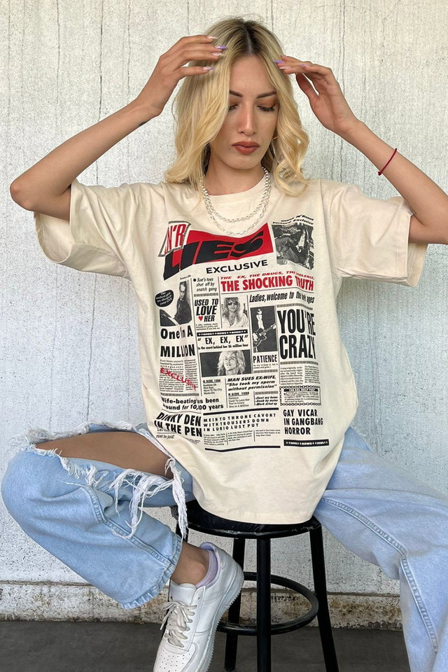Beige - Beige Back Printed Over Fit Women's T-Shirt Mg1506