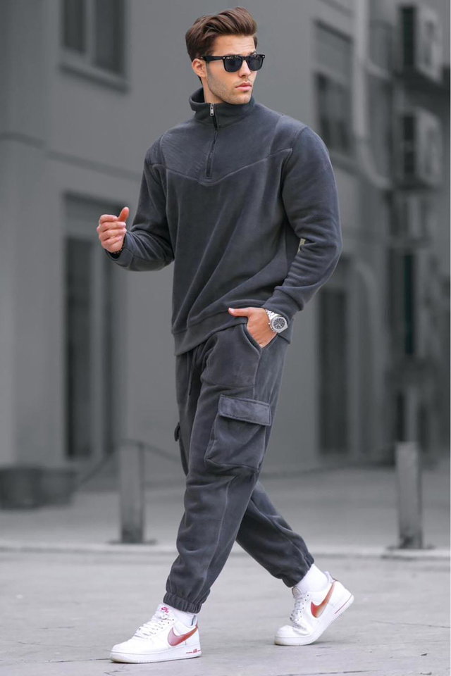 Smoked - Navy Blue Zipper Collar Fleece Men's Tracksuit Set 5931