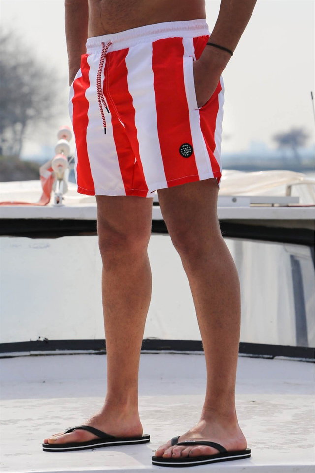 Red - Black Striped Men's Marine Shorts 6360