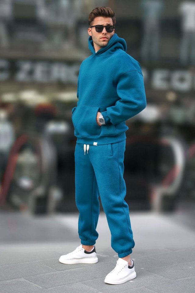 Petrol blue - Smoky Hooded Basic Tracksuit Set 5925