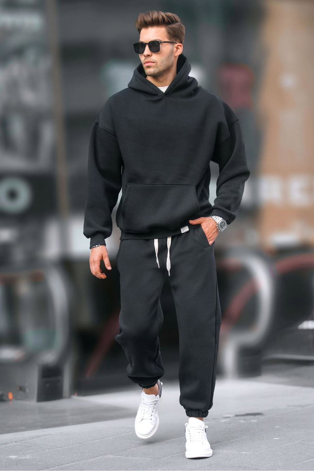 Black - Smoky Hooded Basic Tracksuit Set 5925