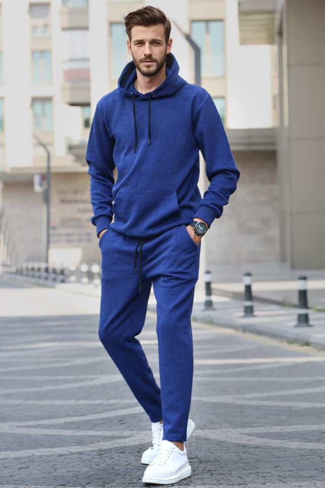Navy blue - Navy Blue Hooded Basic Tracksuit Set 5903