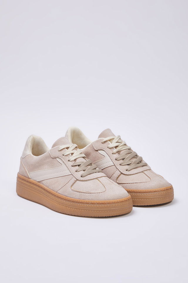 Beige - Beige Two Lace-Up Dual-Use Women Retro Sneakers Takss25Sn00009
