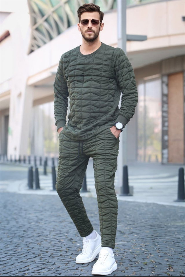 khaki - Khaki Quilted Patterned Tracksuit 5907