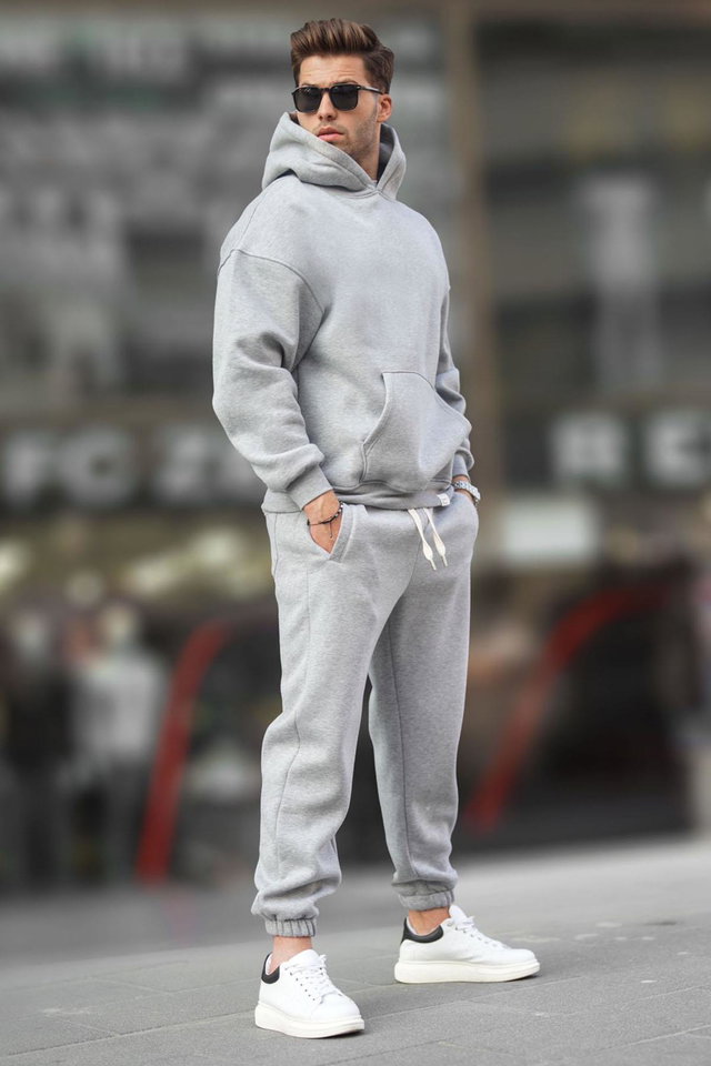 Gray melange - Smoky Hooded Basic Tracksuit Set 5925
