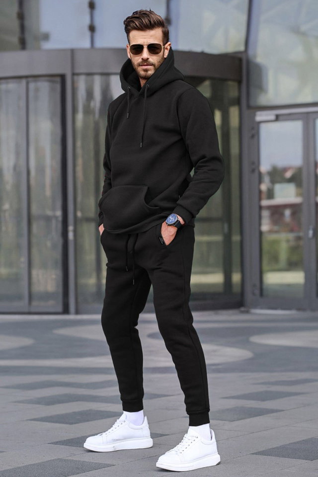 Black - Black Hooded Basic Tracksuit Set 5905