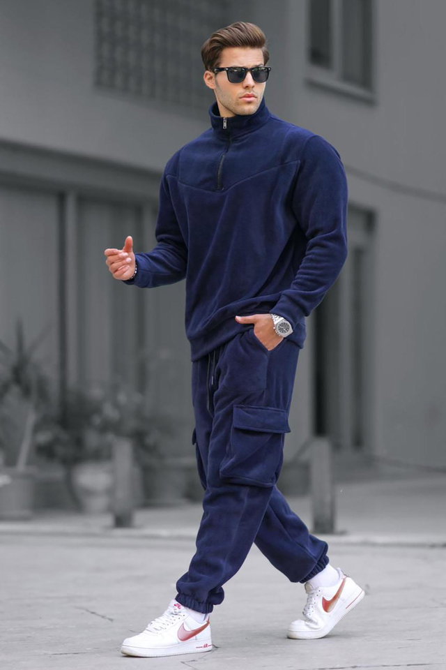 Navy blue - Navy Blue Zipper Collar Fleece Men's Tracksuit Set 5931