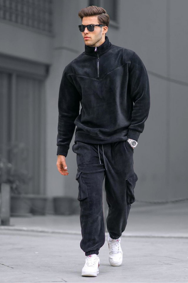 Black - Navy Blue Zipper Collar Fleece Men's Tracksuit Set 5931
