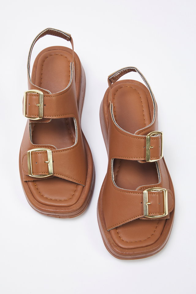 tan - Black Double Buckle Women's Chunky Sole Sandals 
TAKAW25SD00000