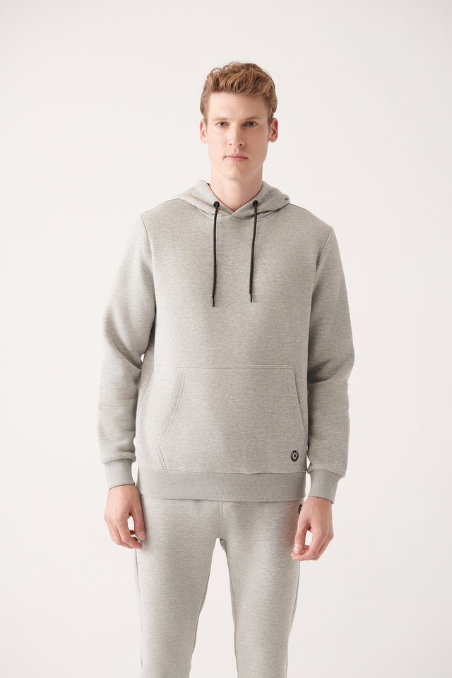 Grey - Men's Gray Hooded 3-Thread Raised Cotton Sweatshirt E001018
