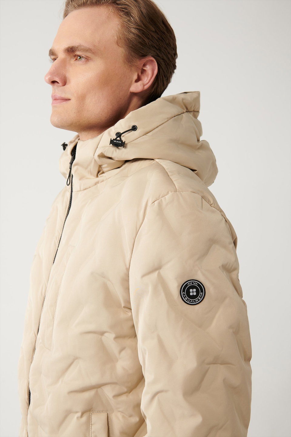 Men's Adhesive Patterned Water Repellent Fabric Hooded Puffer Coat A32Y6041