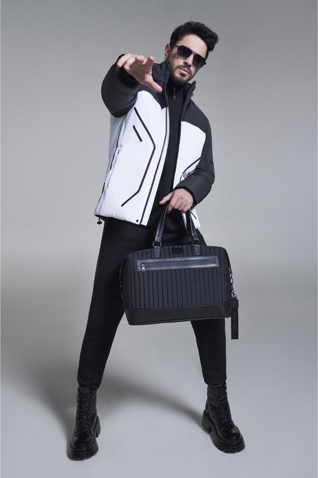 Black White - Men's Black-White Stand-Up Collar Flexible Printed Water Repellent Fabric Hidden Hooded Coat A32Y6045