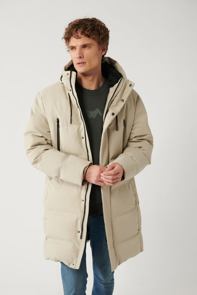 Beige - Men's beige hooded down padded water-repellent fabric long coat a32y6047