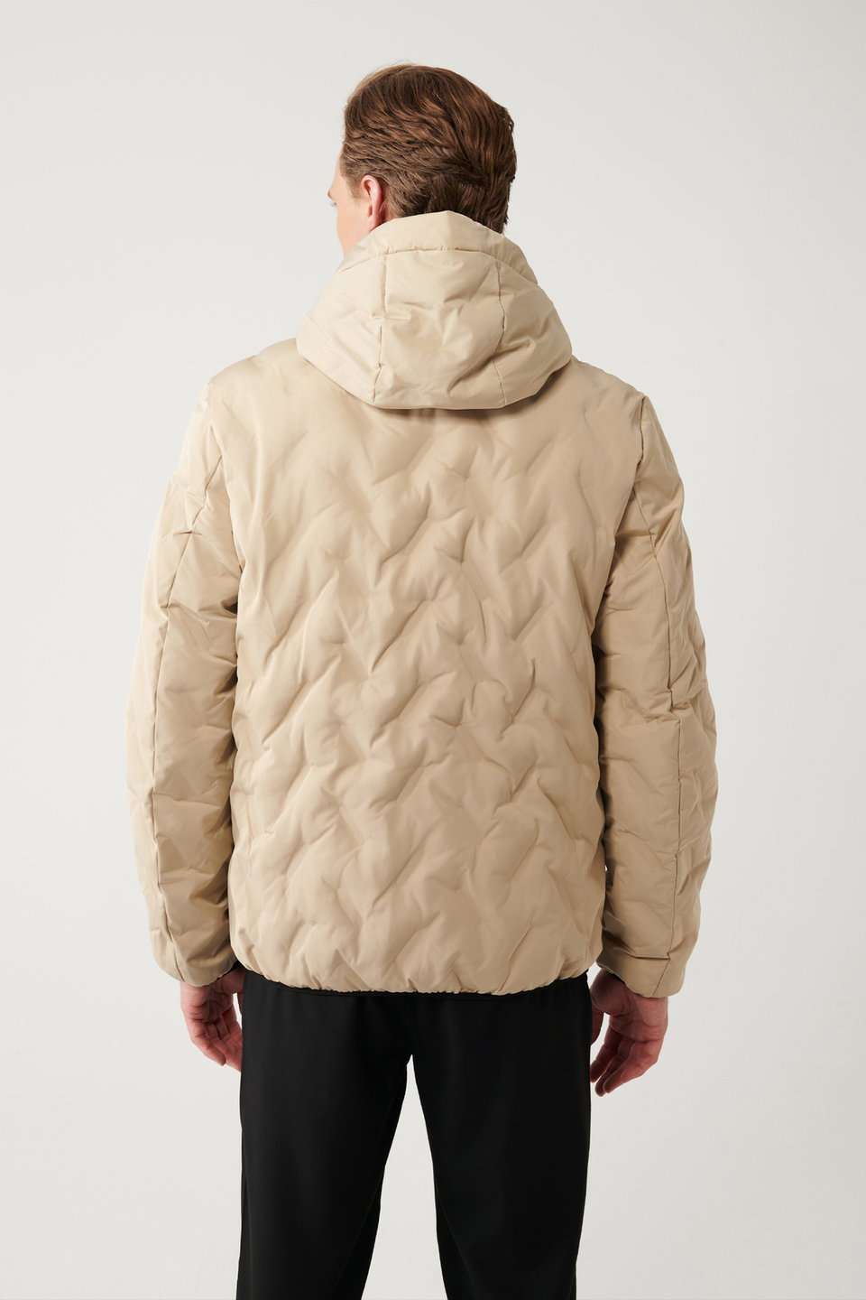 Men's Adhesive Patterned Water Repellent Fabric Hooded Puffer Coat A32Y6041