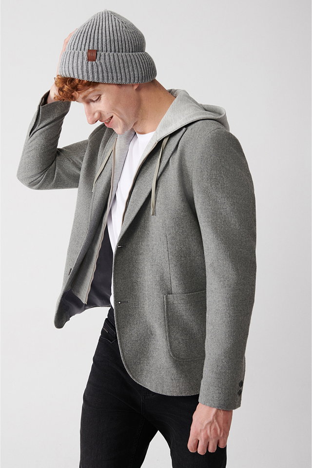 Grey - Men's Gray Detachable Hooded Wool Jacket A32Y4017