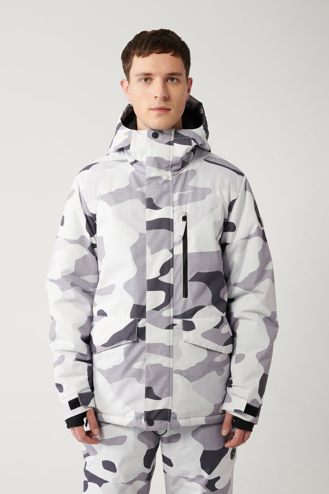 White-Grey - Men's white-grey hooded patterned water repellent fabric ski jacket a32y6095